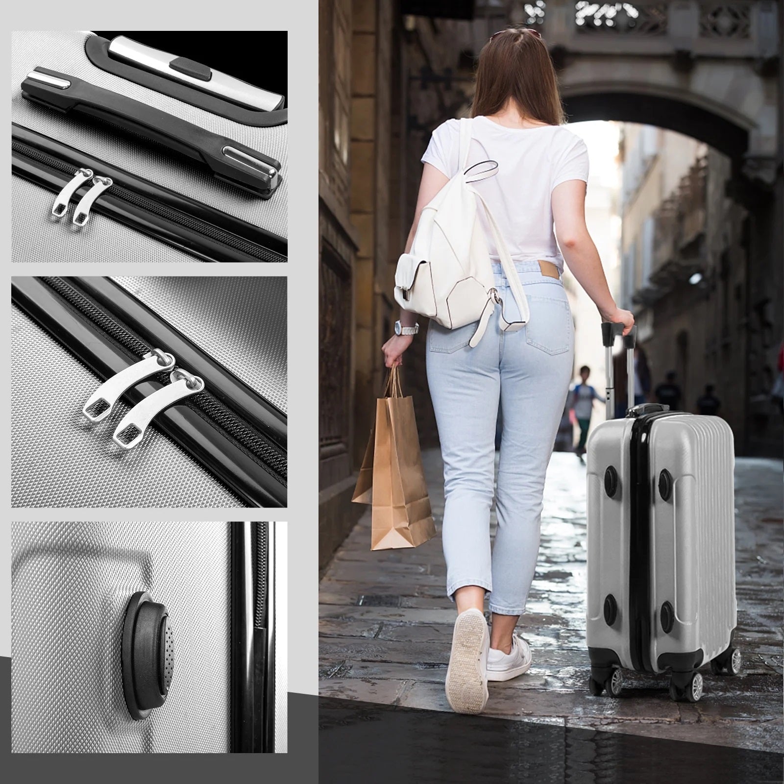 Multi-color Design ABS Hard Shell Lightweight with 360° Dual Spinning Wheels & Combo Lock – Includes 28", 24", 20" 3-Piece Luggage Set - Granite