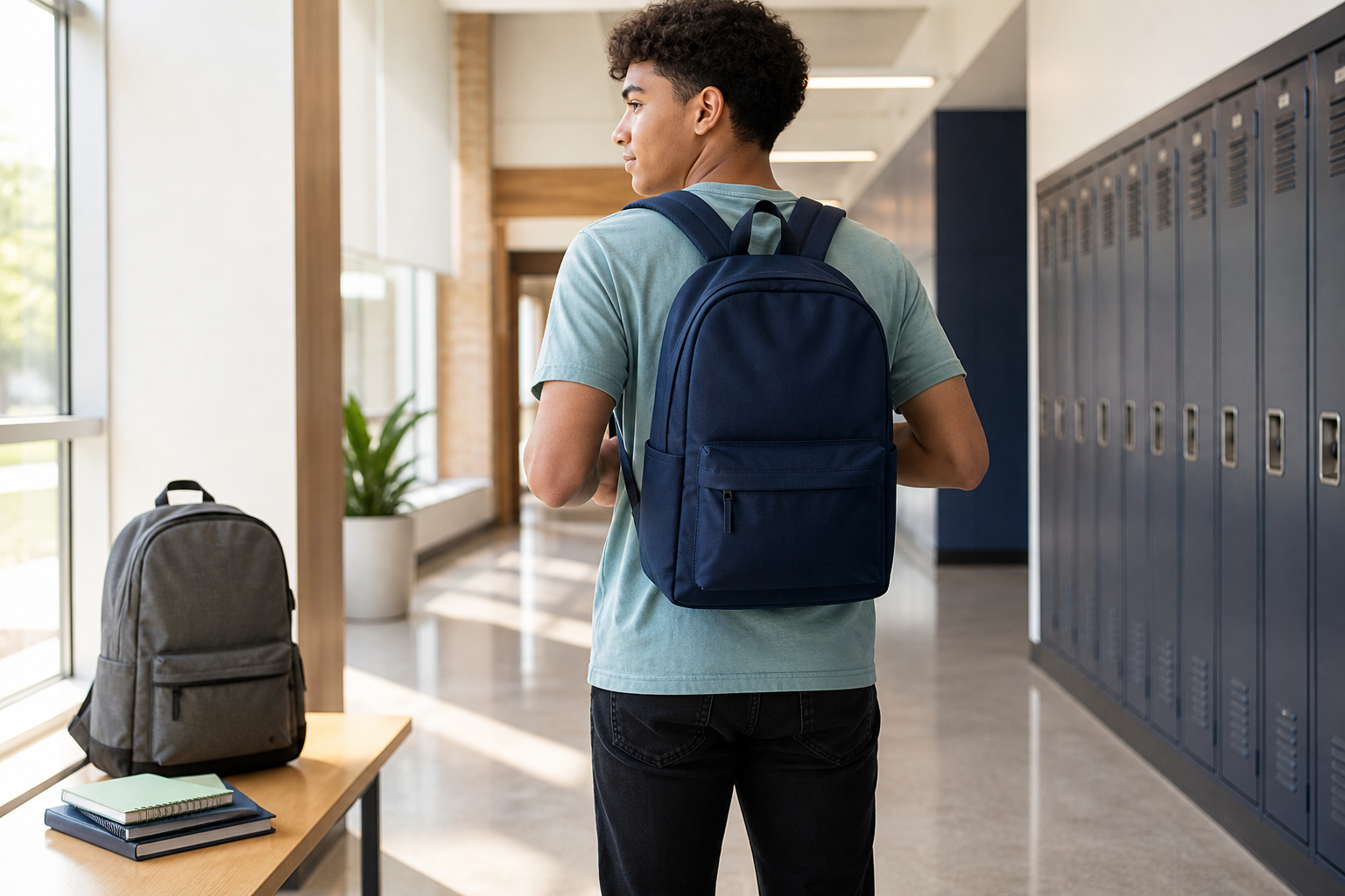 Student wearing a properly adjusted school backpack in a hallway