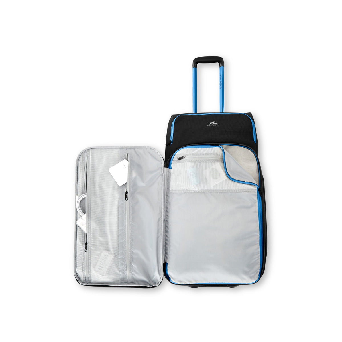 High Sierra Hi-Life Medium Wheeled Duffel Black/Blue open with organization pockets