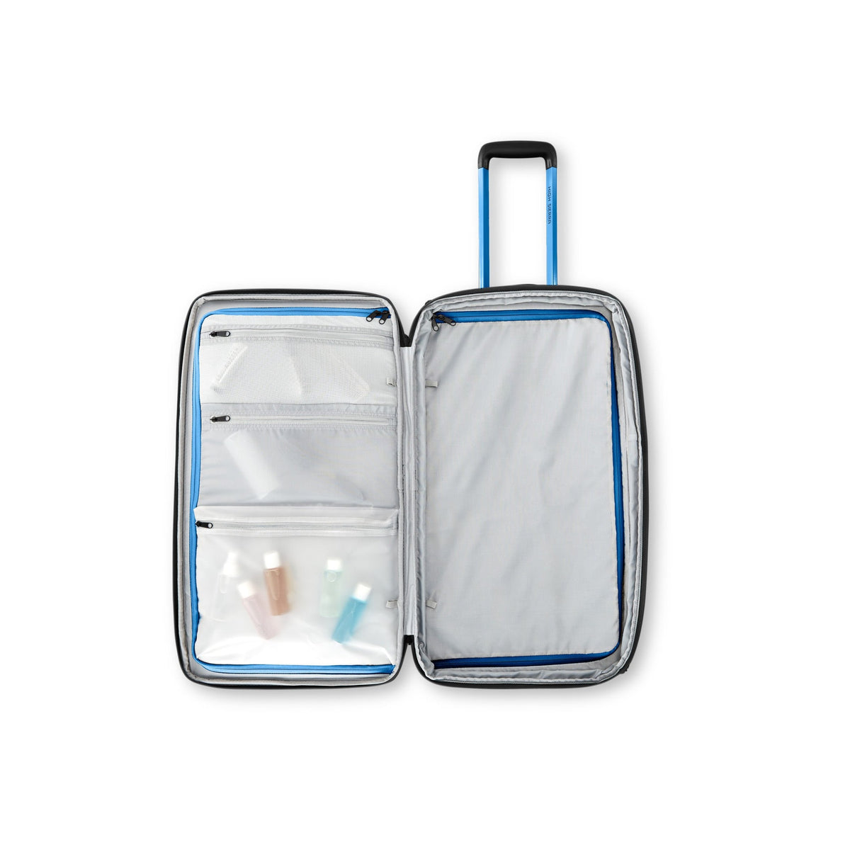 High Sierra Hi-Life Medium Wheeled Duffel Black/Blue flat open showing WetPak pocket