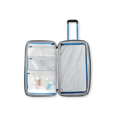 High Sierra Hi-Life Medium Wheeled Duffel Black/Blue flat open showing WetPak pocket