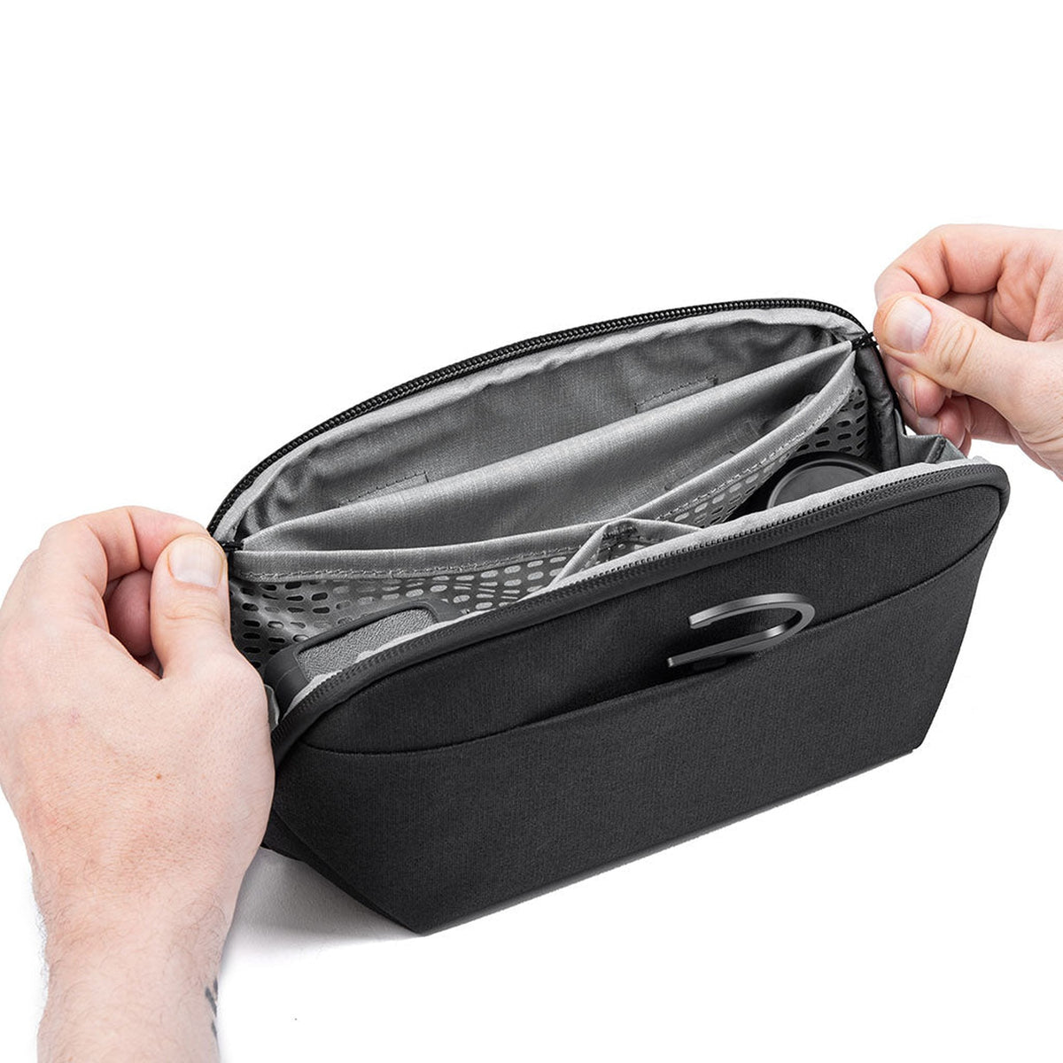 Peak Design Wash Pouch Small Black open with stowable hook