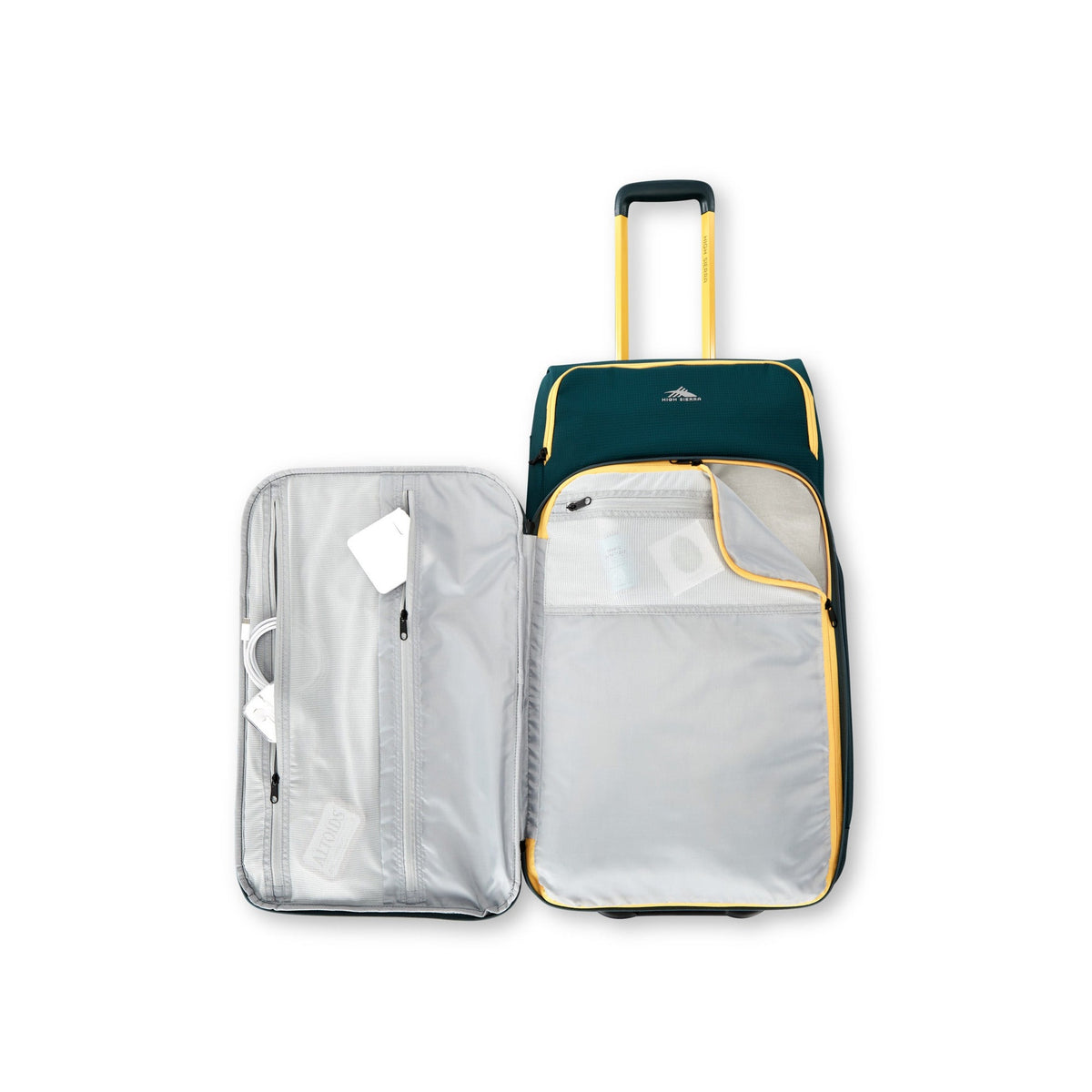 High Sierra Hi-Life Medium Wheeled Duffel Green/Yellow open with organization pockets