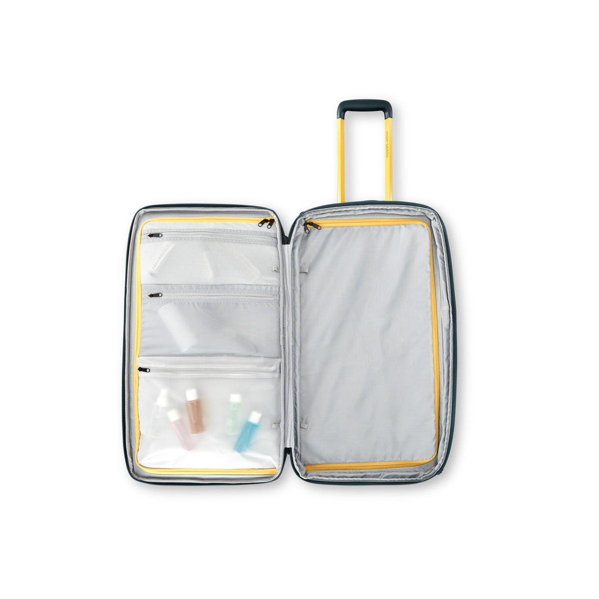 High Sierra Hi-Life Medium Wheeled Duffel Green/Yellow flat open showing WetPak pocket