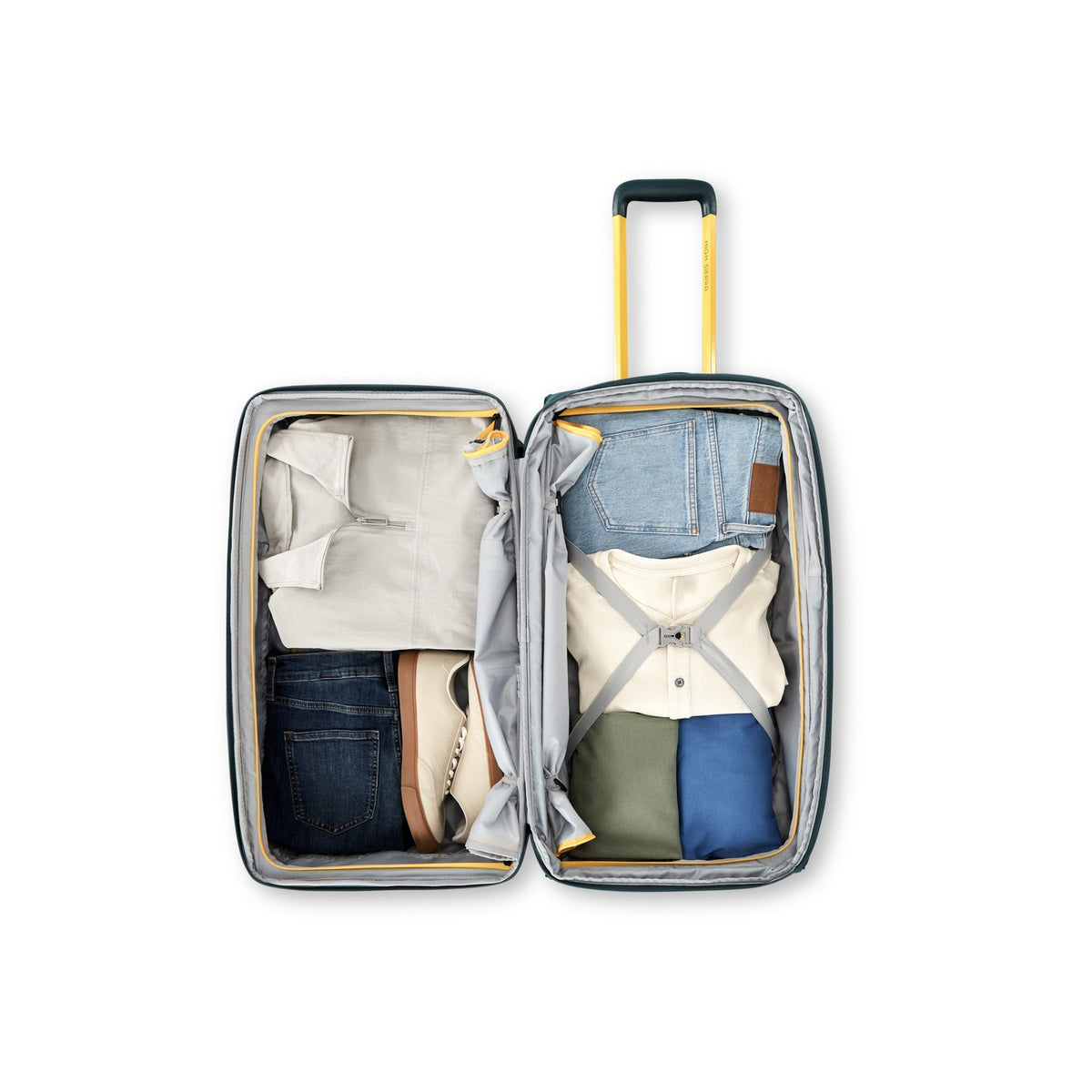 High Sierra Hi-Life Medium Wheeled Duffel Green/Yellow packed open with compression straps
