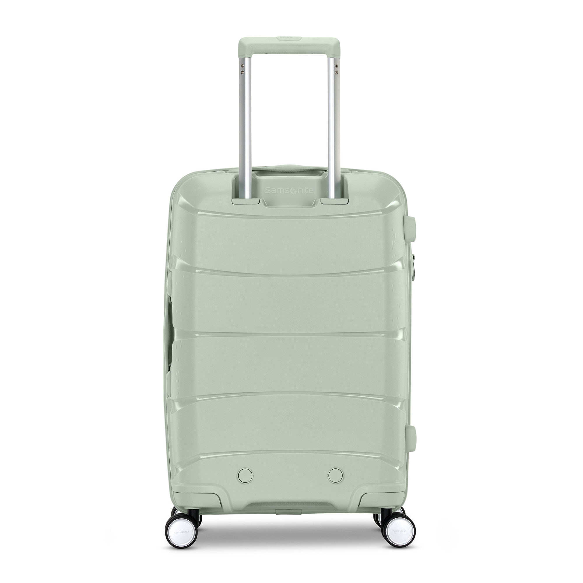 Samsonite Outline Pro sage 22" carry-on hardside spinner, rear view, telescoping handle housing