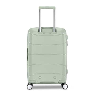 Samsonite Outline Pro sage 22" carry-on hardside spinner, rear view, telescoping handle housing