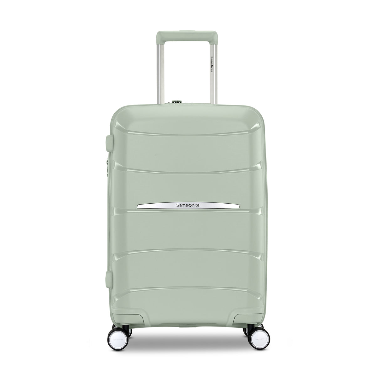 Samsonite Outline Pro sage 22" carry-on hardside spinner, front view, telescoping handle extended, horizontal wave-ribbed shell