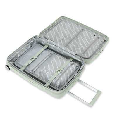 Samsonite Outline Pro sage 22" carry-on hardside spinner, open interior, packing straps and zip divider (view 2)