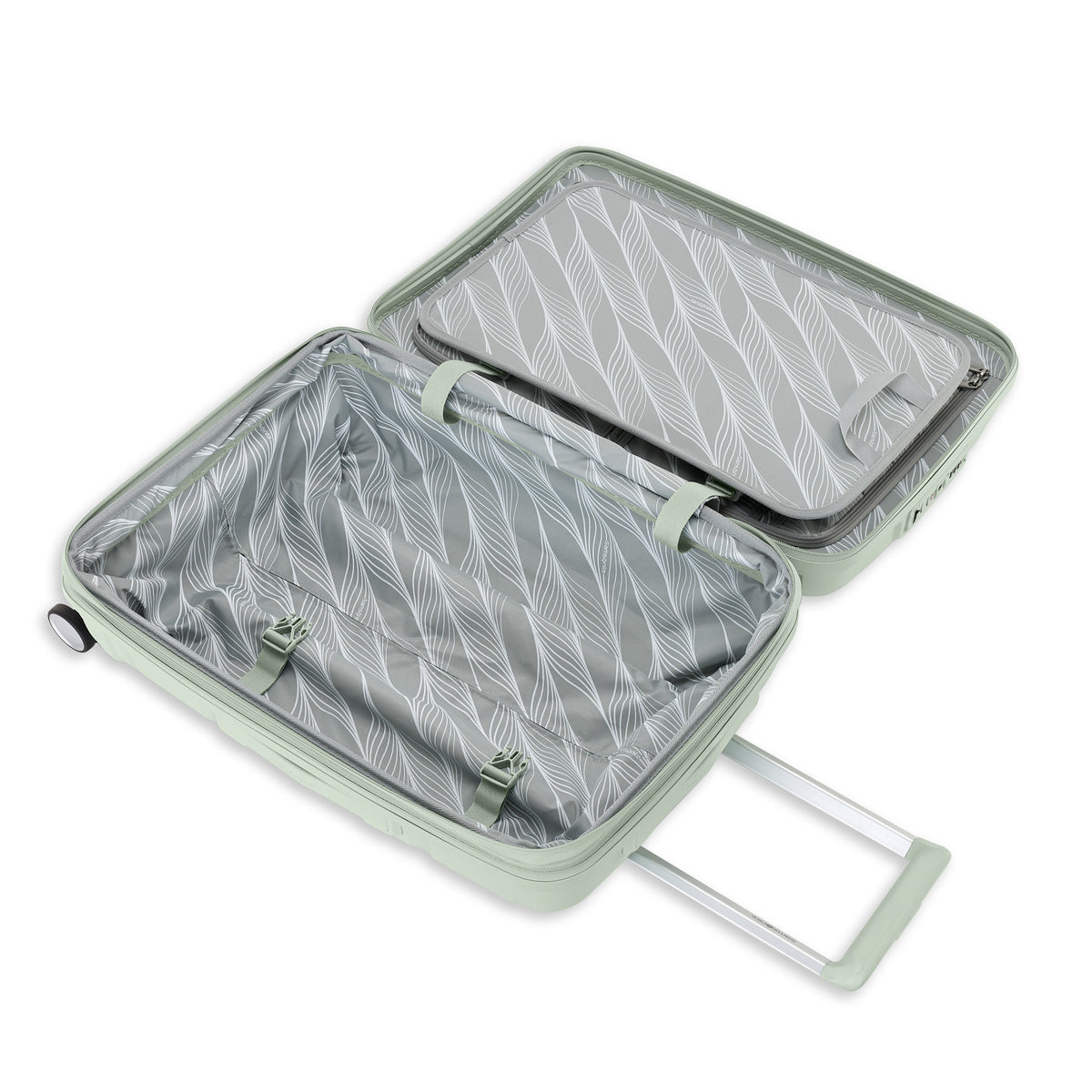 Samsonite Outline Pro sage 22" carry-on hardside spinner, open interior, packing straps and zip divider