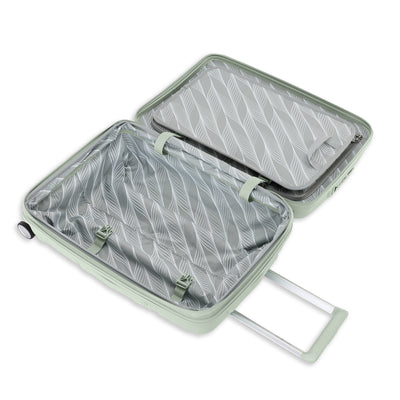 Samsonite Outline Pro sage 22" carry-on hardside spinner, open interior, packing straps and zip divider