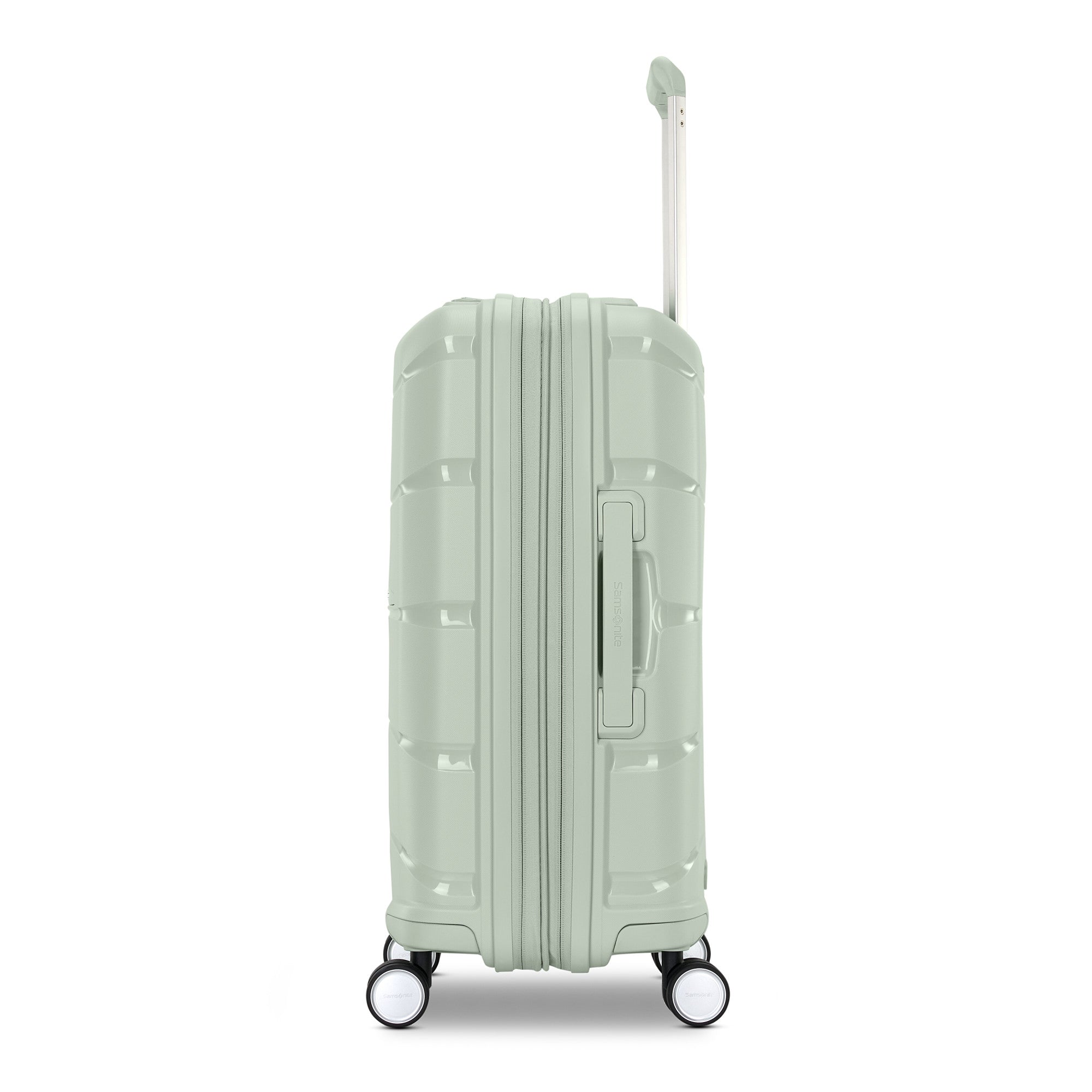 Samsonite Outline Pro sage 22" carry-on hardside spinner, side profile, telescoping handle extended