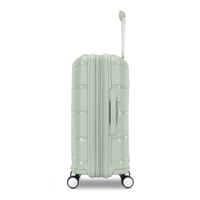 Samsonite Outline Pro sage 22" carry-on hardside spinner, side profile, telescoping handle extended