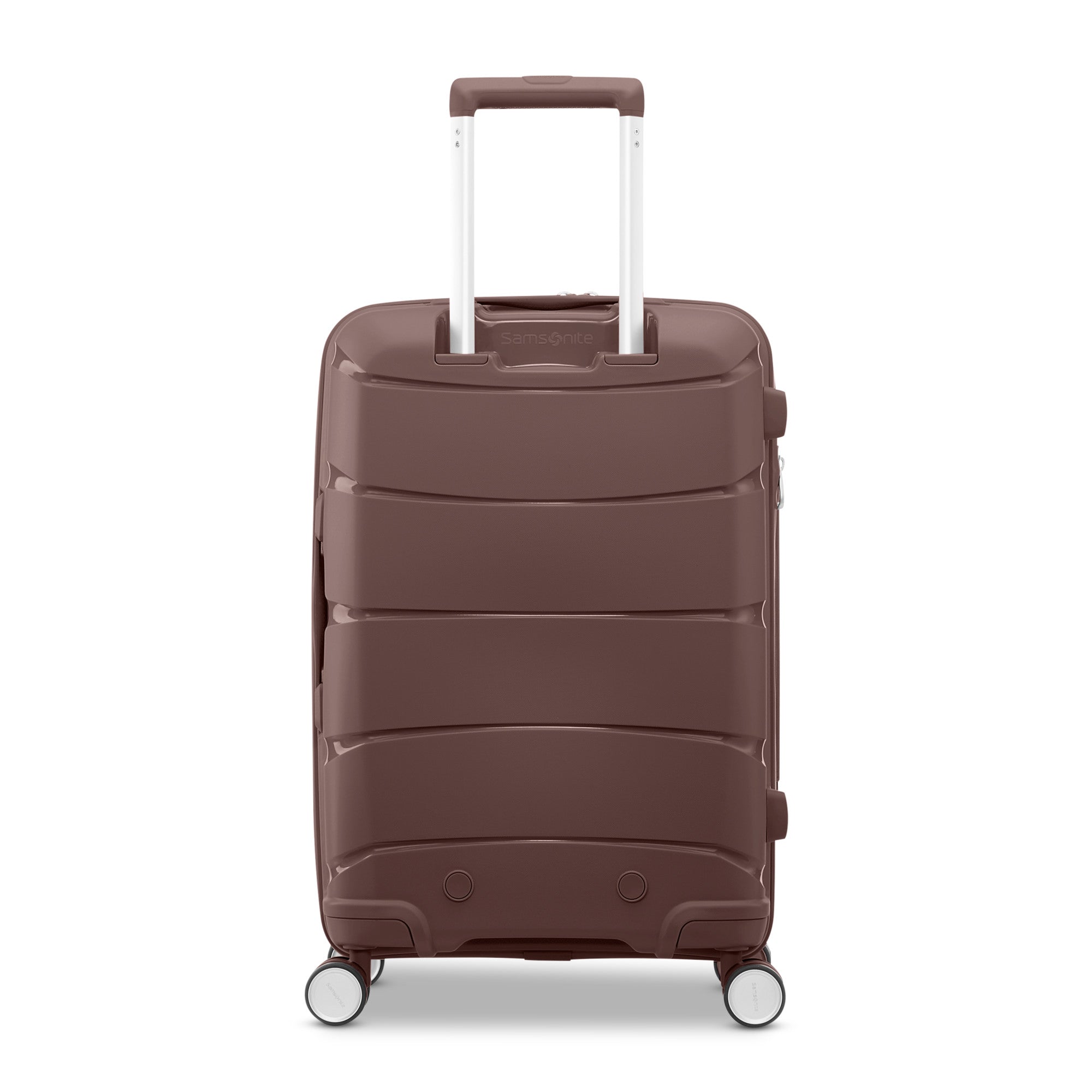 Samsonite Outline Pro cocoa chocolate mauve 22" carry-on hardside spinner, rear view, telescoping handle housing