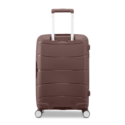 Samsonite Outline Pro cocoa chocolate mauve 22" carry-on hardside spinner, rear view, telescoping handle housing