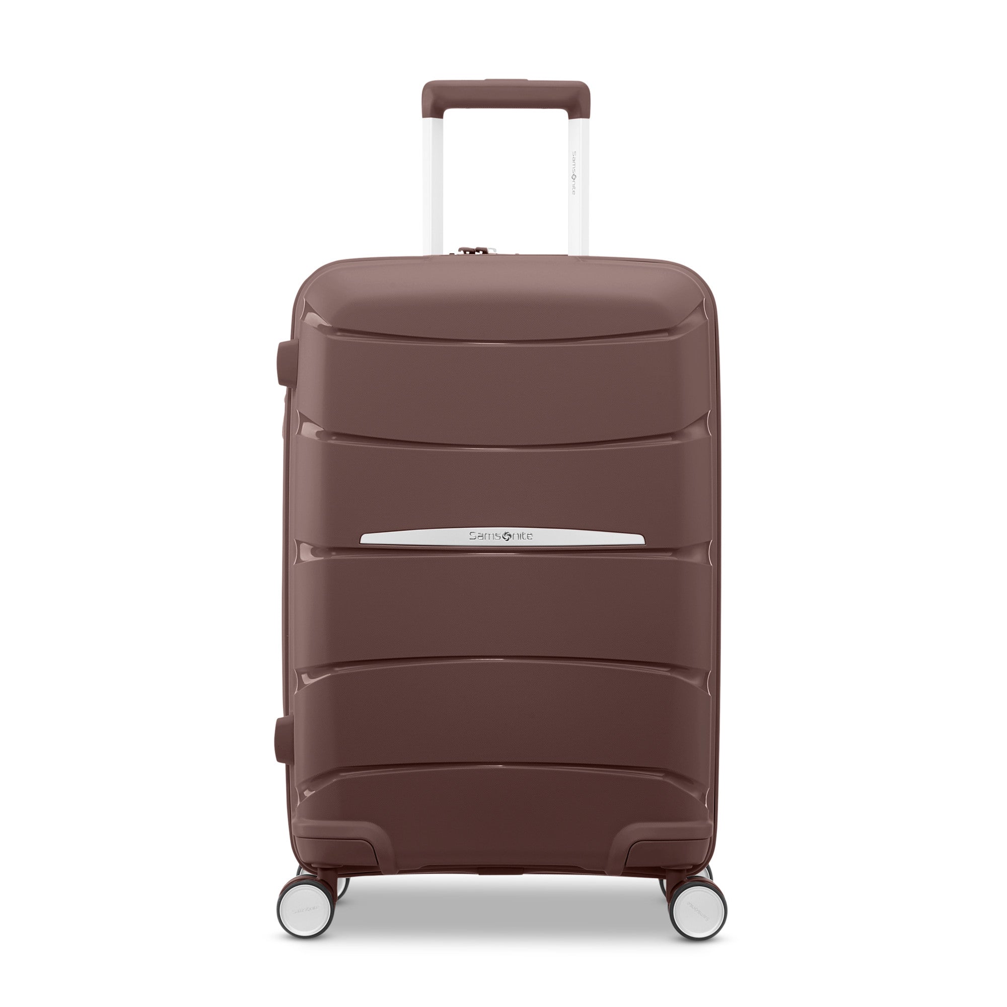 Samsonite Outline Pro cocoa chocolate mauve 22" carry-on hardside spinner, front view, telescoping handle extended, horizontal wave-ribbed shell