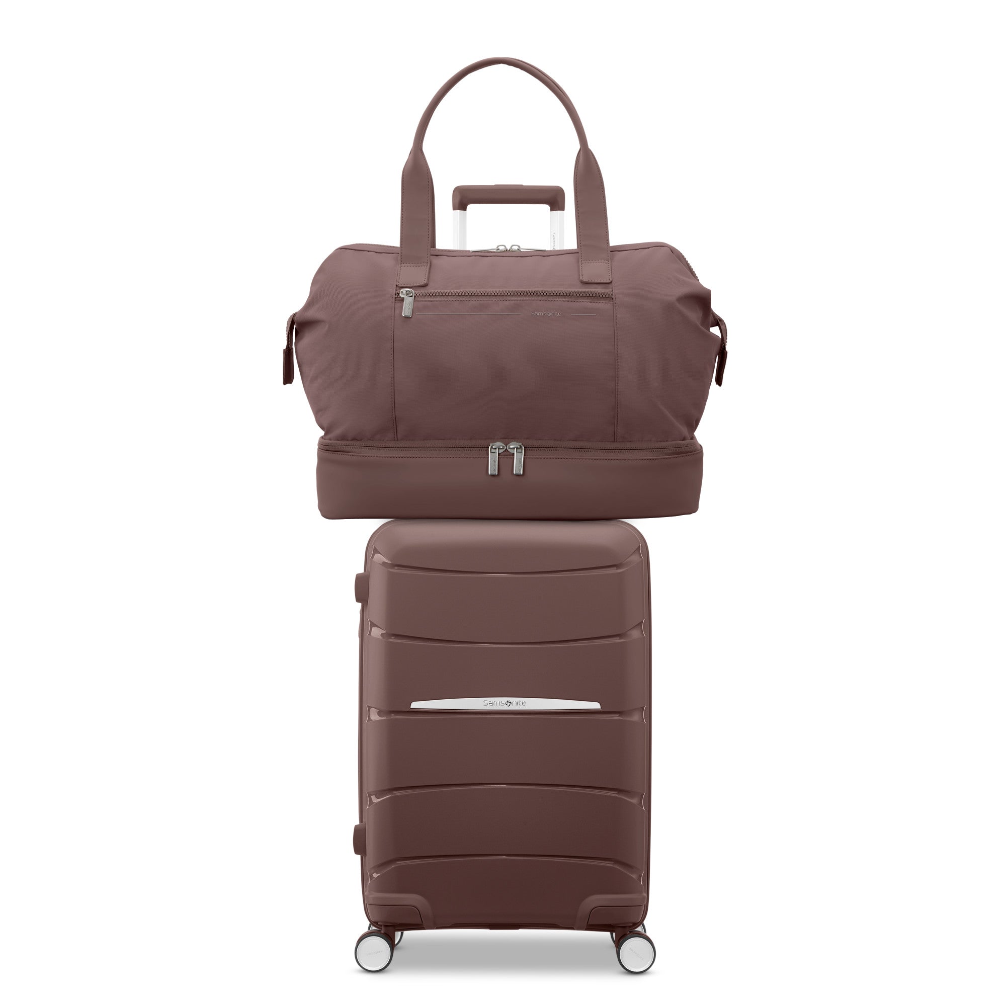 Samsonite Outline Pro cocoa chocolate mauve hardside spinners, three sizes standing together, alternate studio angle