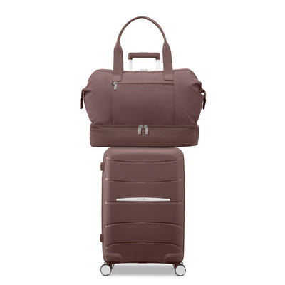Samsonite Outline Pro cocoa chocolate mauve hardside spinners, three sizes standing together, alternate studio angle