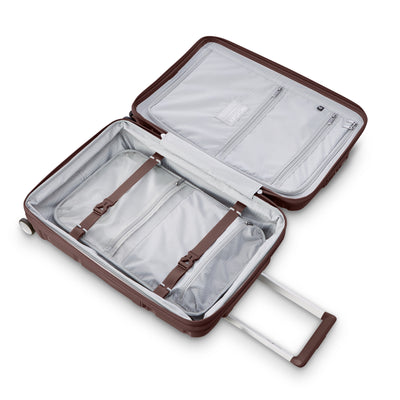 Samsonite Outline Pro cocoa chocolate mauve 22" carry-on hardside spinner, open interior, packing straps and zip divider