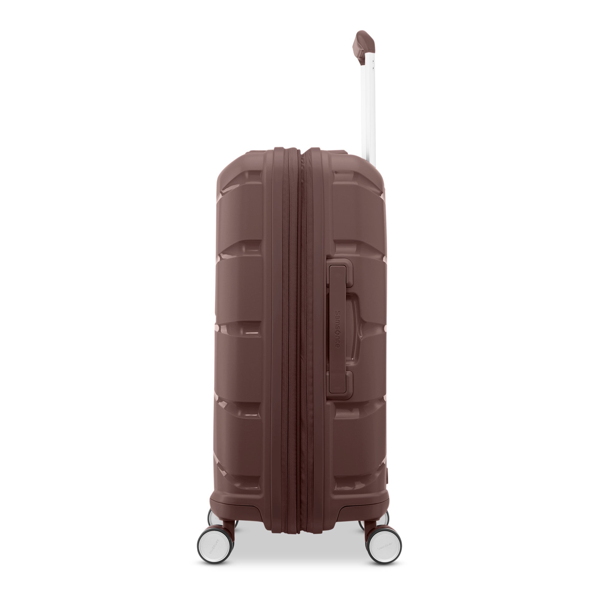 Samsonite Outline Pro cocoa chocolate mauve 22" carry-on hardside spinner, side profile, telescoping handle extended