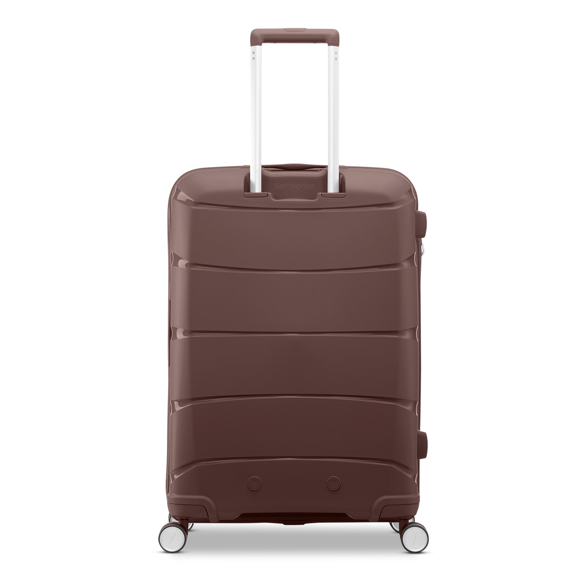 Samsonite Outline Pro cocoa chocolate mauve 24" medium hardside spinner, rear view, telescoping handle housing