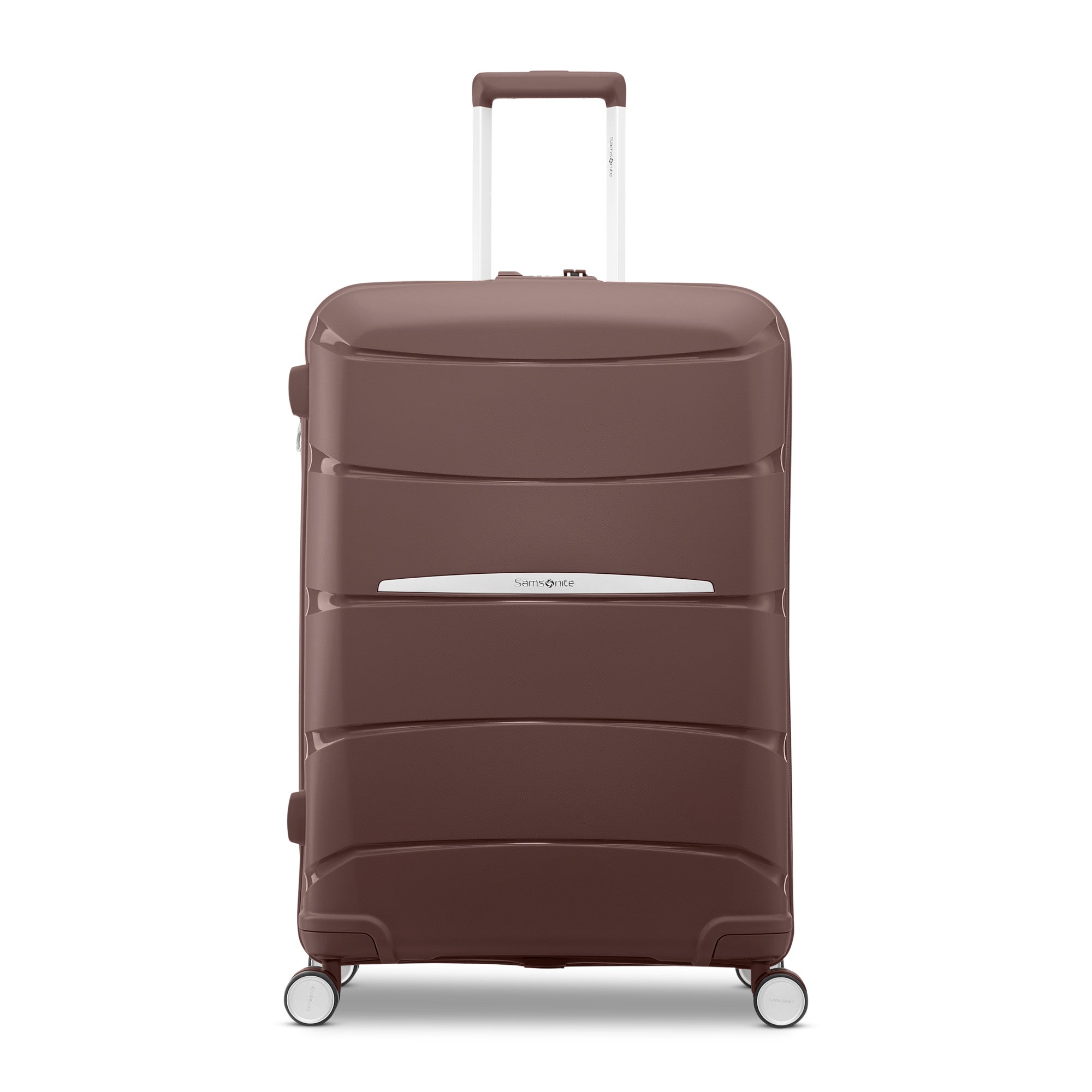 Samsonite Outline Pro cocoa chocolate mauve 24" medium hardside spinner, front view, telescoping handle extended, horizontal wave-ribbed shell