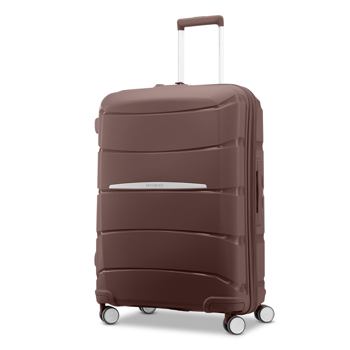 Samsonite Outline Pro cocoa chocolate mauve 24" medium hardside spinner, three-quarter front view, telescoping handle extended, horizontal wave-ribbed shell