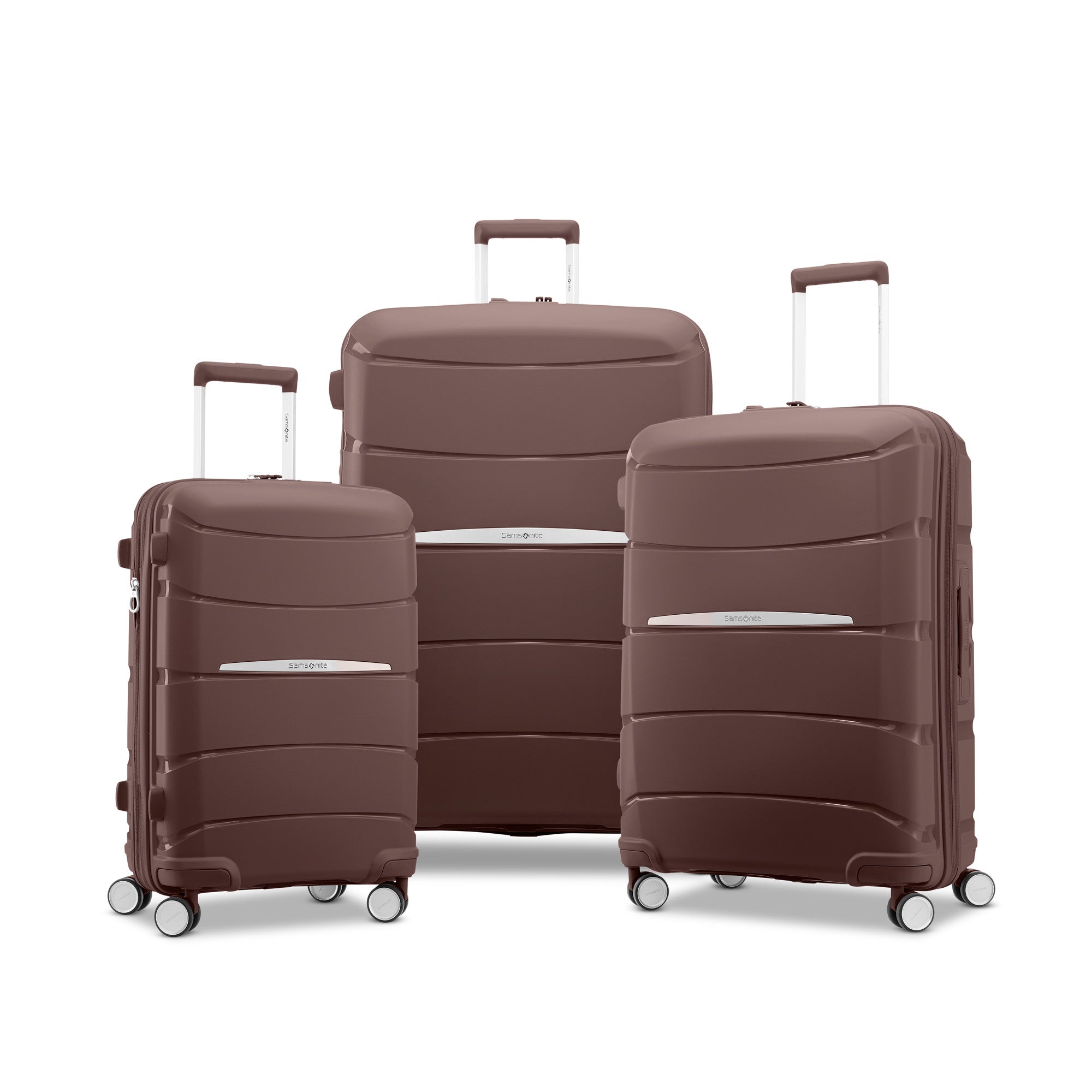 Samsonite Outline Pro cocoa chocolate mauve hardside spinners, three sizes standing together, front view (view 2)