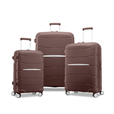 Samsonite Outline Pro cocoa chocolate mauve hardside spinners, three sizes standing together, front view (view 2)