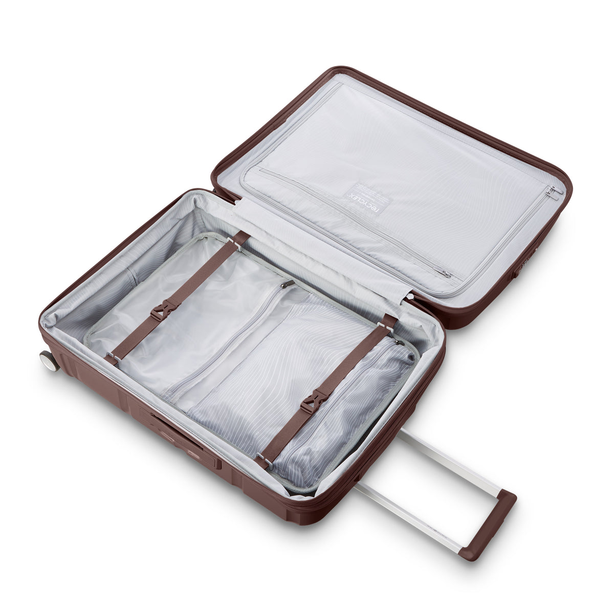 Samsonite Outline Pro cocoa chocolate mauve 24" medium hardside spinner, open interior, packing straps and zip divider (view 2)