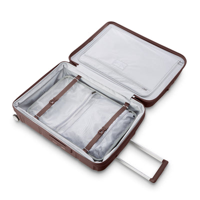 Samsonite Outline Pro cocoa chocolate mauve 24" medium hardside spinner, open interior, packing straps and zip divider (view 2)