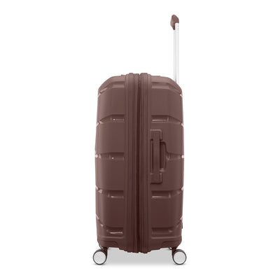 Samsonite Outline Pro cocoa chocolate mauve 24" medium hardside spinner, side profile, telescoping handle extended