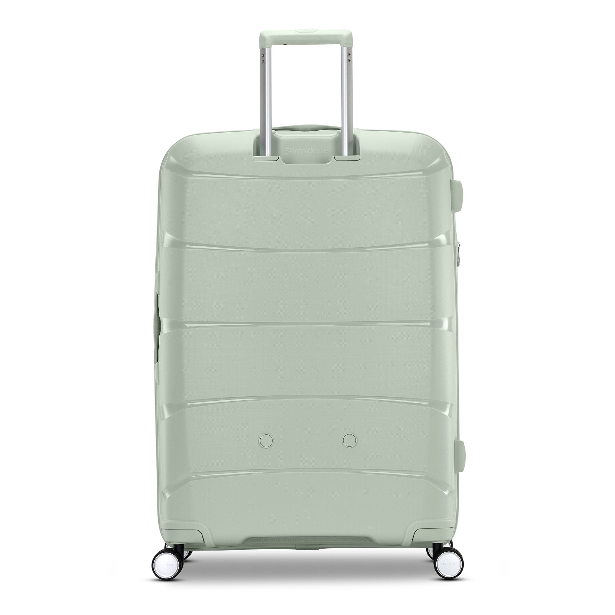 Samsonite Outline Pro sage 28" large hardside spinner, rear view, telescoping handle housing