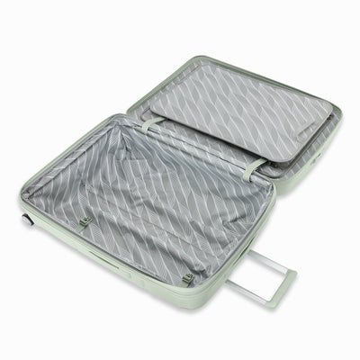 Samsonite Outline Pro sage 28" large hardside spinner, open interior, packing straps and zip divider