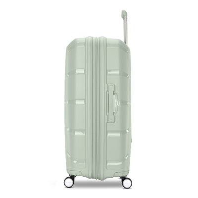 Samsonite Outline Pro sage 28" large hardside spinner, side profile, telescoping handle extended