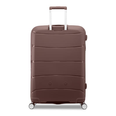 Samsonite Outline Pro cocoa chocolate mauve 28" large hardside spinner, rear view, telescoping handle housing