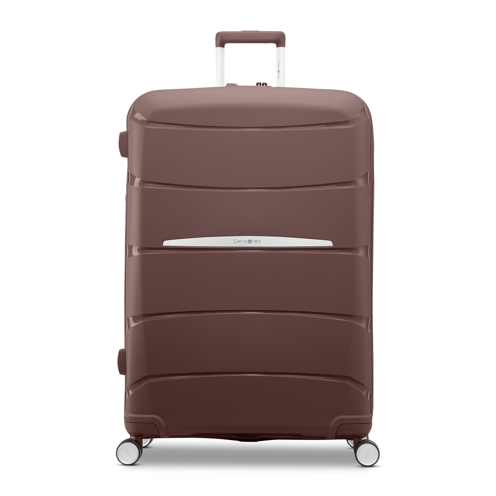 Samsonite Outline Pro cocoa chocolate mauve 28" large hardside spinner, front view, telescoping handle extended, horizontal wave-ribbed shell