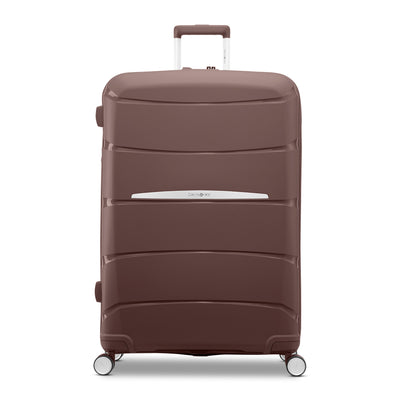 Samsonite Outline Pro cocoa chocolate mauve 28" large hardside spinner, front view, telescoping handle extended, horizontal wave-ribbed shell
