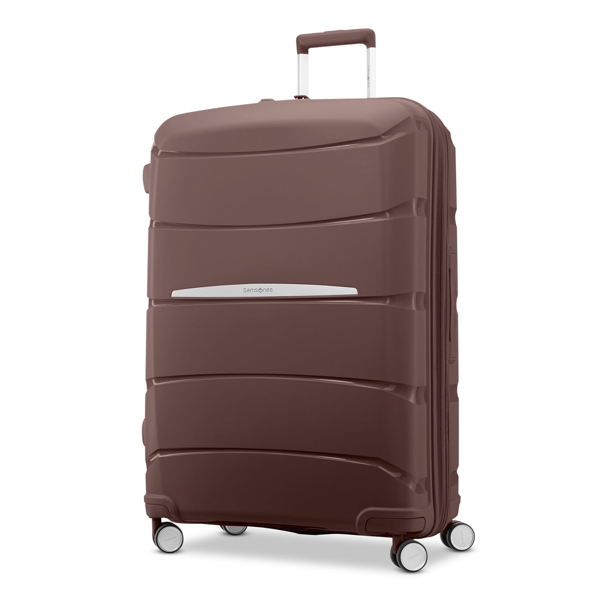Samsonite Outline Pro cocoa chocolate mauve 28" large hardside spinner, three-quarter front view, telescoping handle extended, horizontal wave-ribbed shell