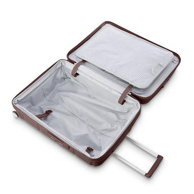 Samsonite Outline Pro cocoa chocolate mauve 28" large hardside spinner, open interior, packing straps and zip divider (view 2)