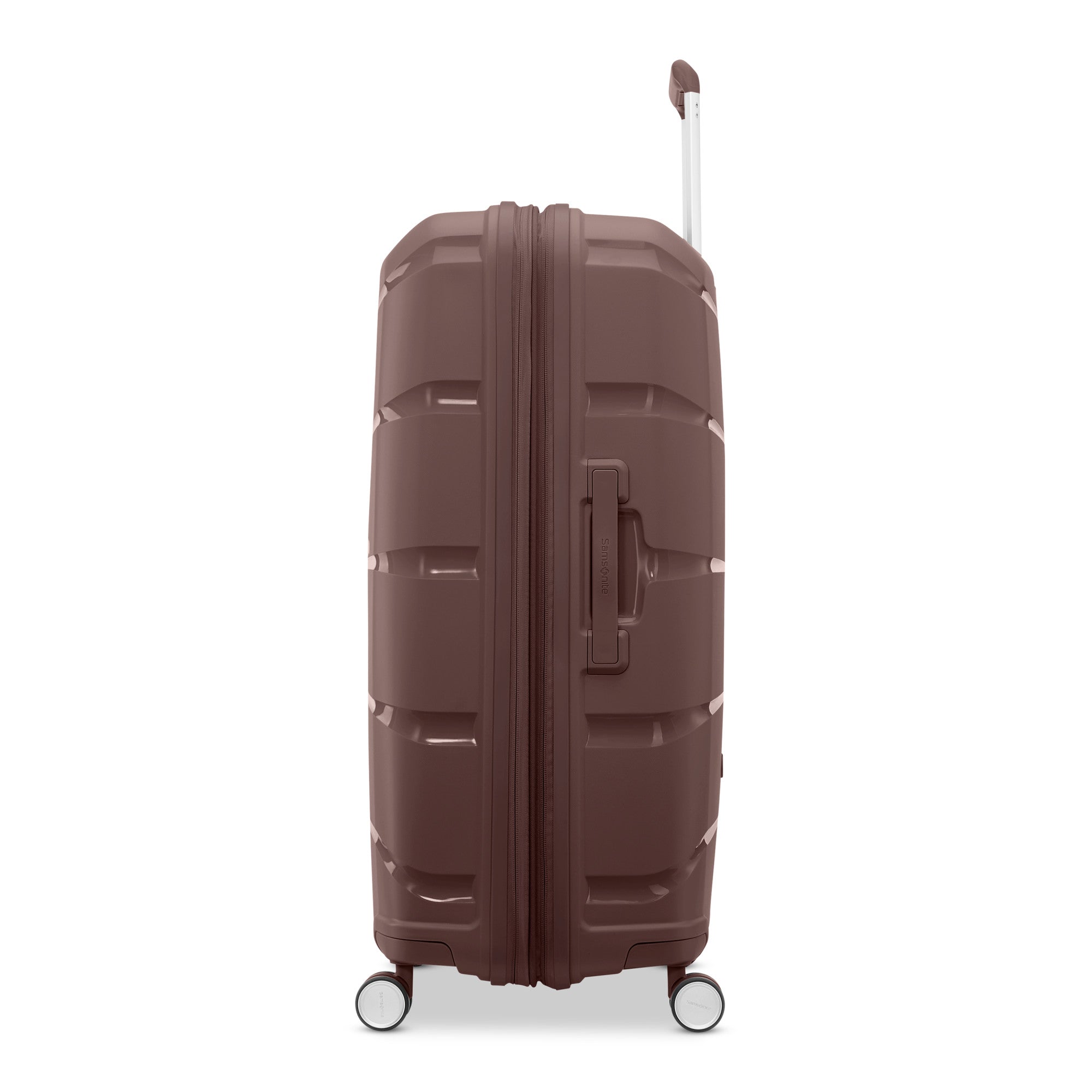 Samsonite Outline Pro cocoa chocolate mauve 28" large hardside spinner, side profile, telescoping handle extended