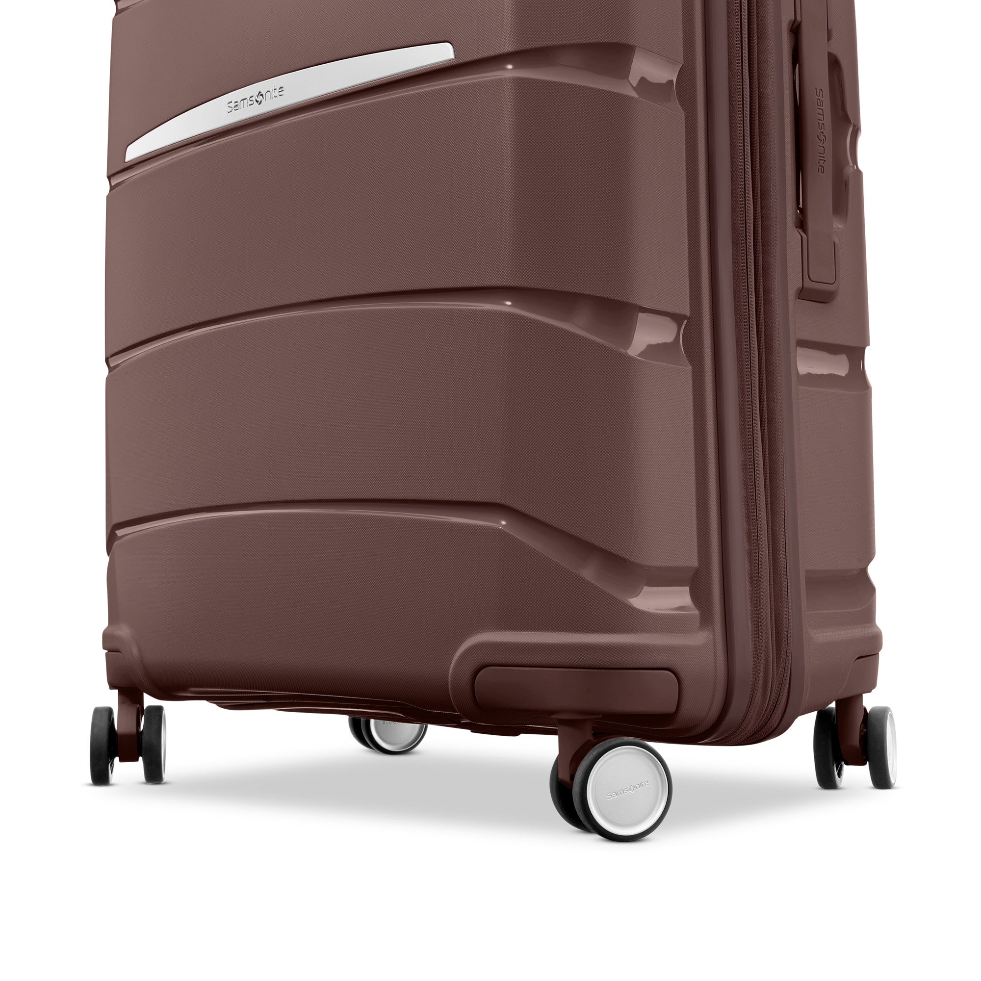 Samsonite Outline Pro cocoa chocolate mauve 28" large hardside spinner, double spinner wheel close-up