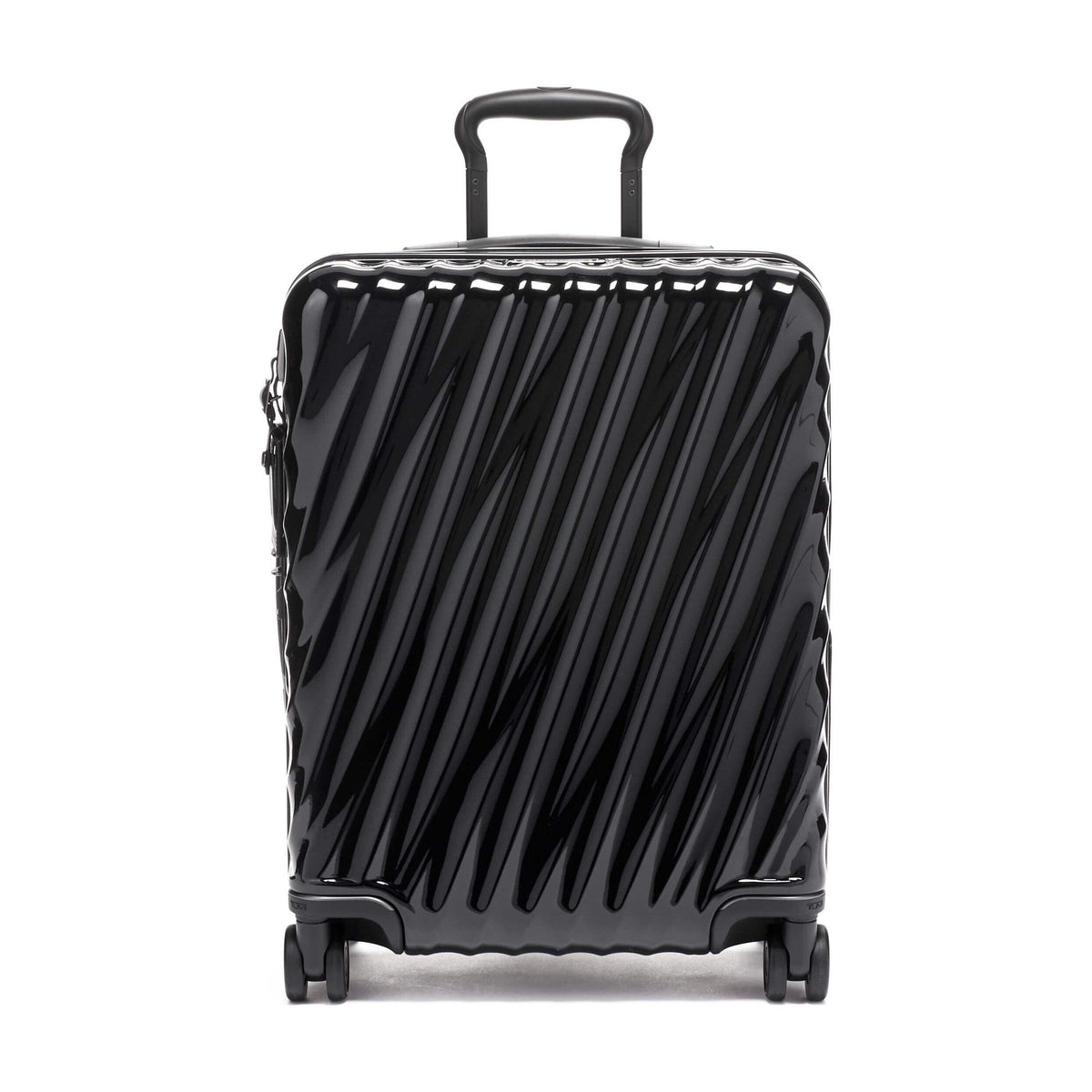 Featured image: Tumi 19 Degree Continental black expandable hardside carry-on, front view, telescoping handle extended, diagonal wavy Tegris shell