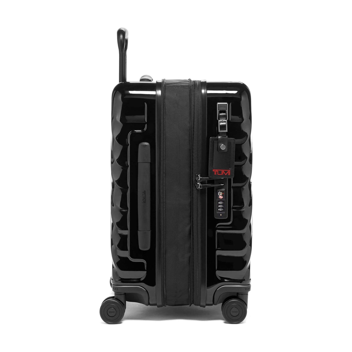 Tumi 19 Degree Continental black expandable hardside carry-on, side profile expanded, fabric expansion gusset, Tumi tag and TSA lock