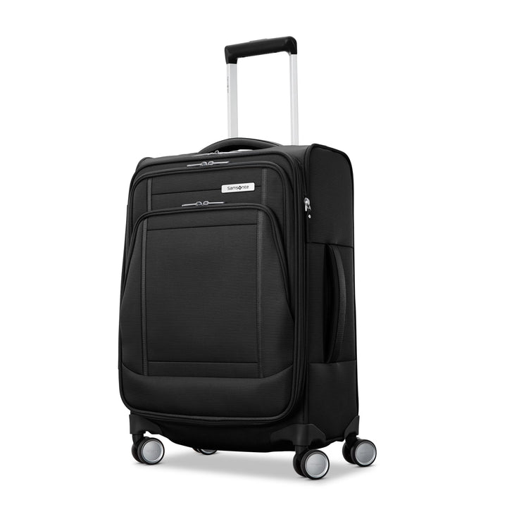 Featured image: Samsonite Uplift black 22" carry-on softside spinner, three-quarter front view, telescoping handle extended