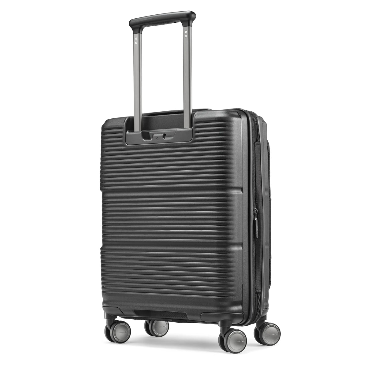 Samsonite Paralux Global black carry-on hardside spinner, three-quarter rear view
