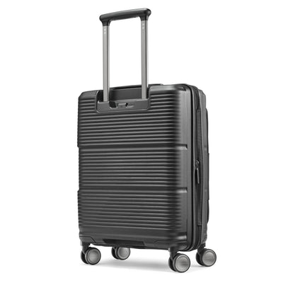 Samsonite Paralux Global black carry-on hardside spinner, three-quarter rear view
