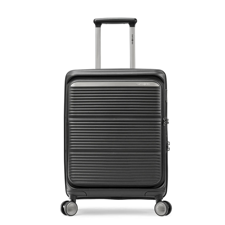 Featured image: Samsonite Paralux Global black carry-on hardside spinner, front view, telescoping handle extended, horizontal ribbed shell