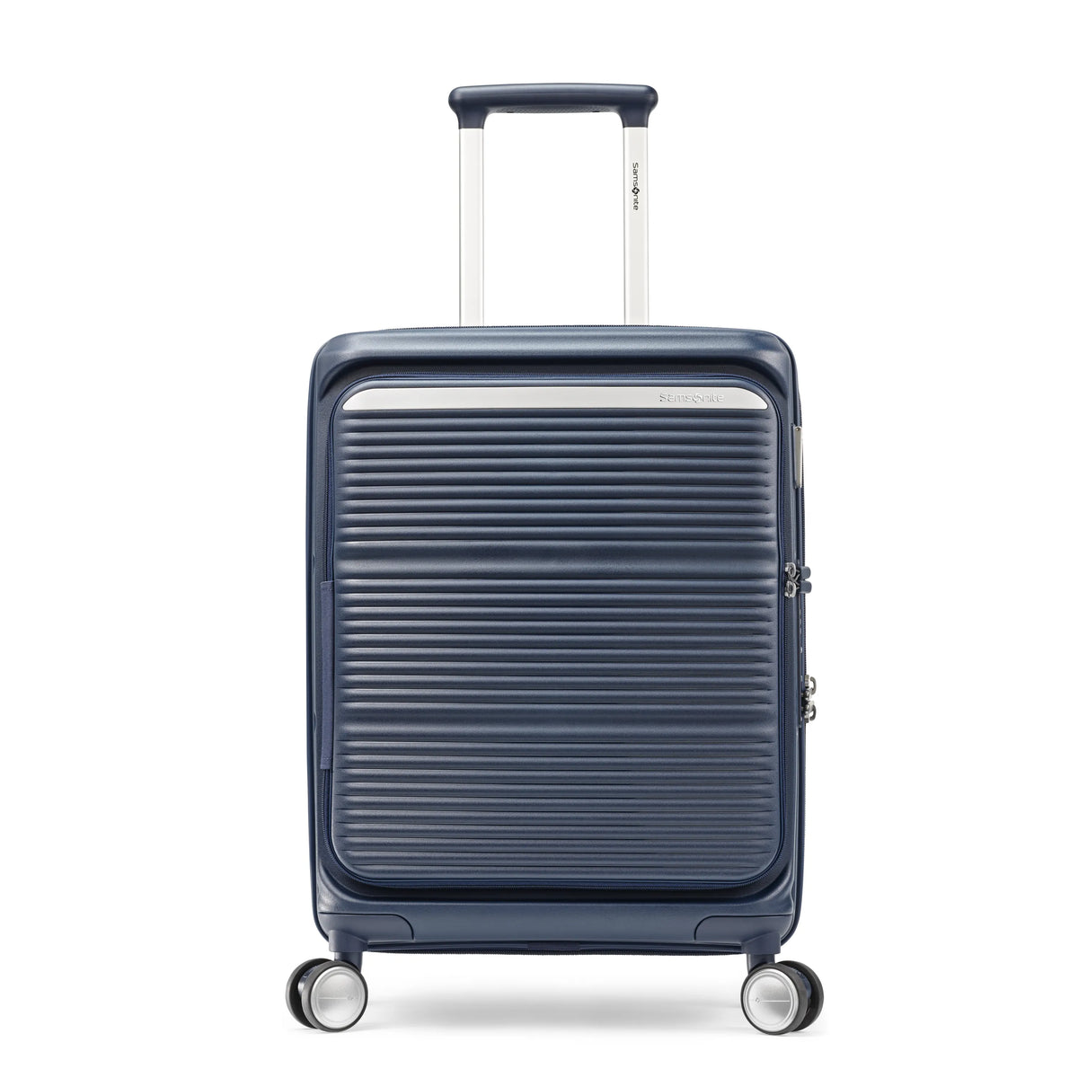 Samsonite Paralux Global midnight navy carry-on hardside spinner, front view, telescoping handle extended, horizontal ribbed shell