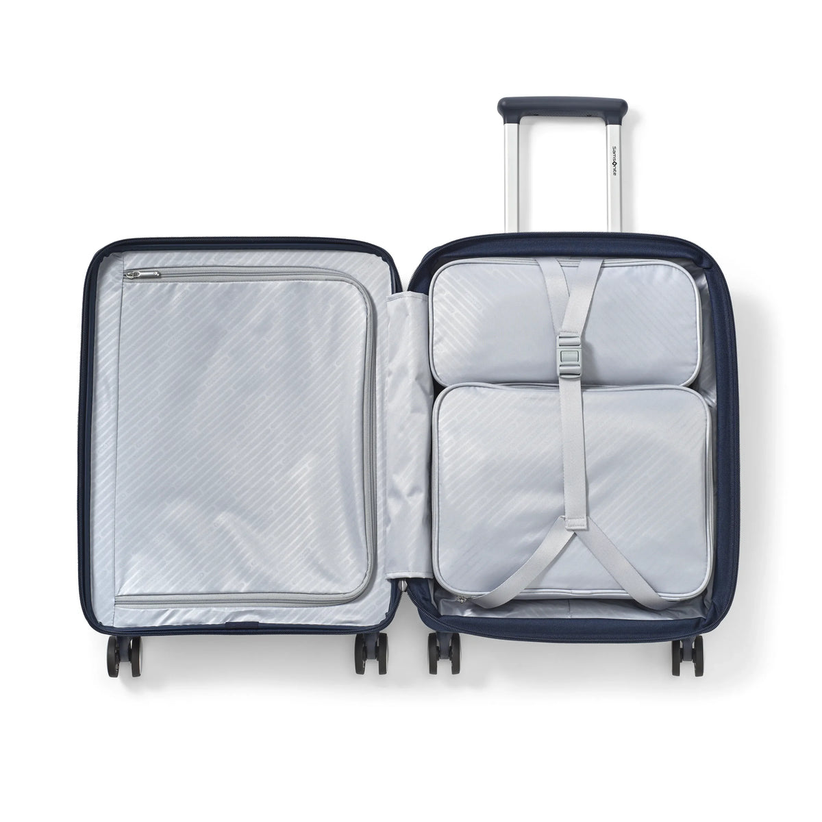 Samsonite Paralux Global midnight navy carry-on hardside spinner, open interior with packing cubes